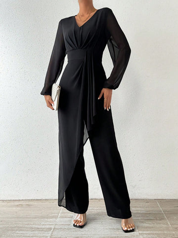 Solid Color V-neck Mesh Patchwork Jumpsuit