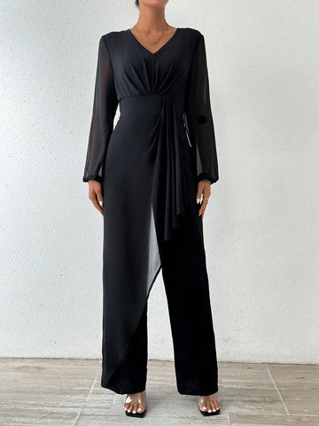 Solid Color V-neck Mesh Patchwork Jumpsuit