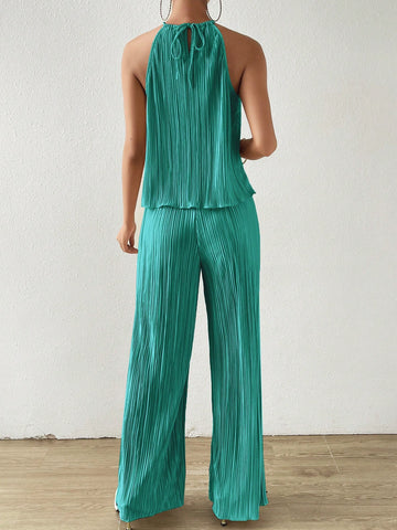 Solid Halter Top & Wide Leg Pants