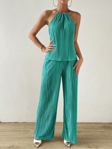 Solid Halter Top & Wide Leg Pants