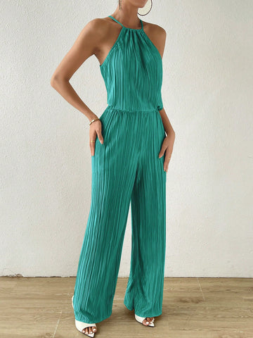Solid Halter Top & Wide Leg Pants