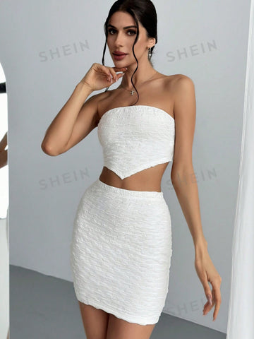Solid Textured Lace Up Backless Crop Tube Top & Skirt