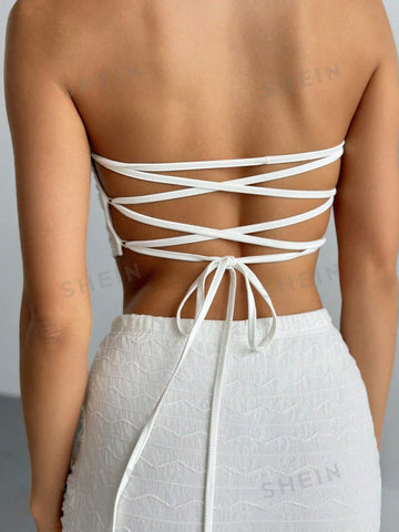 Solid Textured Lace Up Backless Crop Tube Top & Skirt