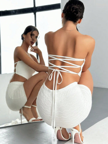 Solid Textured Lace Up Backless Crop Tube Top & Skirt