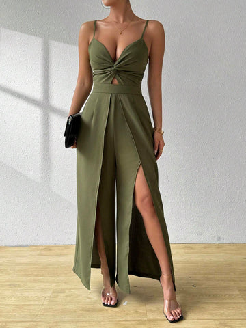 Split Thigh Twisted Strap Jumpsuit