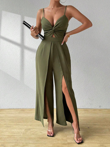 Split Thigh Twisted Strap Jumpsuit