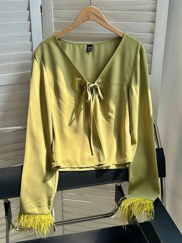 Privé Spring/Autumn Casual Solid Color Feather Patchwork Long Sleeve Shirt