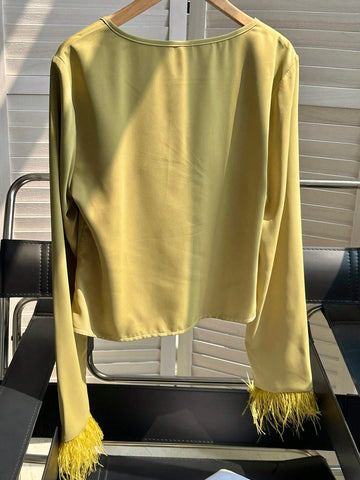 Privé Spring/Autumn Casual Solid Color Feather Patchwork Long Sleeve Shirt