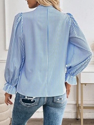 Privé Spring/Autumn Casual Striped Print Lapel Puff Sleeve Shirt