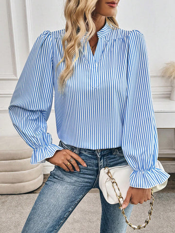 Privé Spring/Autumn Casual Striped Print Lapel Puff Sleeve Shirt
