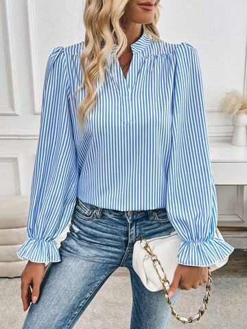Privé Spring/Autumn Casual Striped Print Lapel Puff Sleeve Shirt