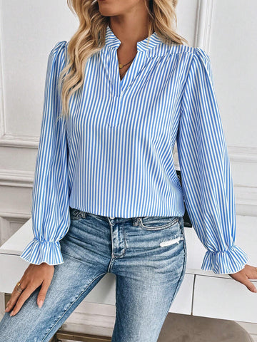Privé Spring/Autumn Casual Striped Print Lapel Puff Sleeve Shirt
