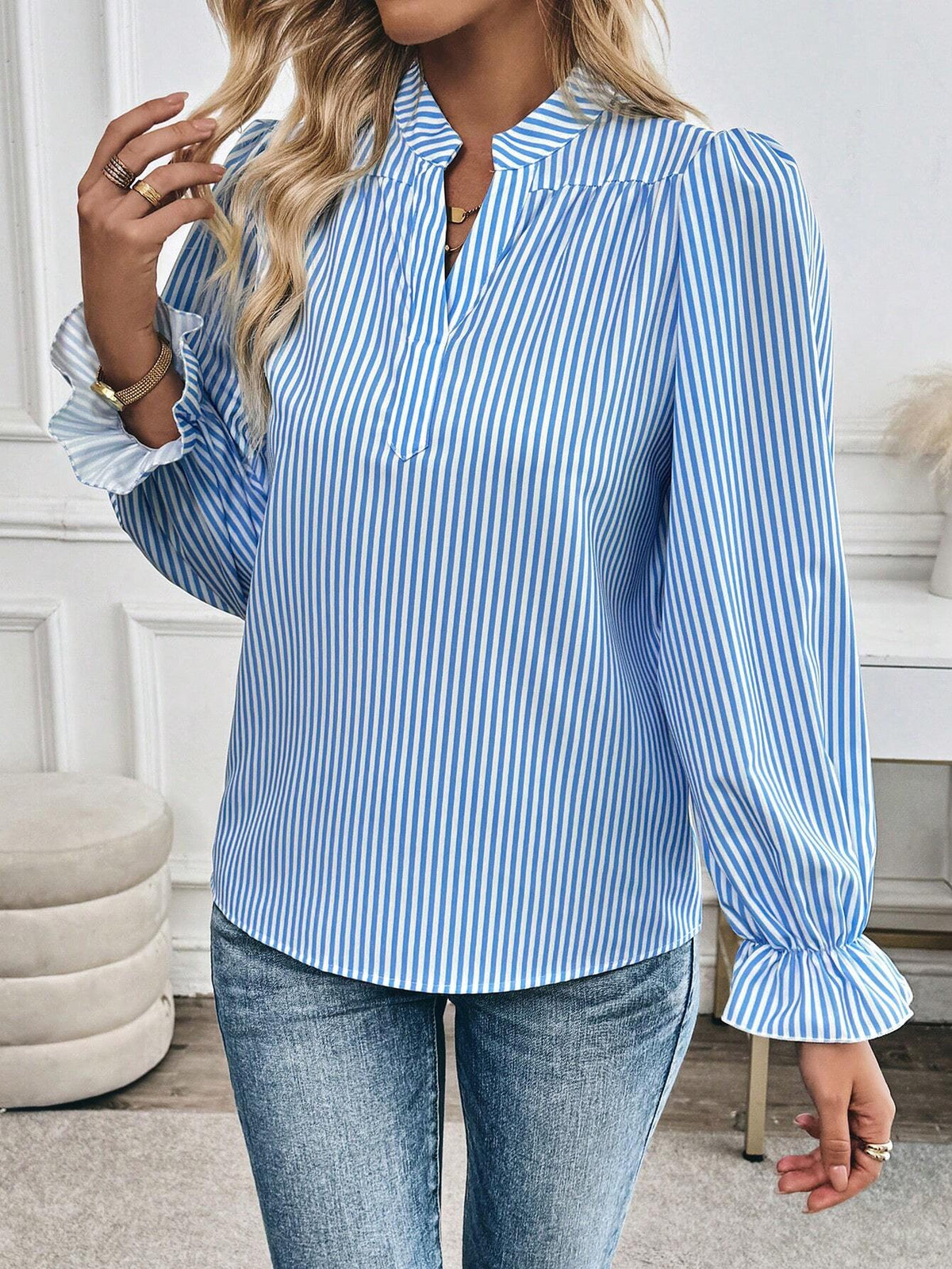 Privé Spring/Autumn Casual Striped Print Lapel Puff Sleeve Shirt