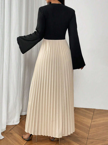 Spring/Autumn Elegant Colorblock Pleated Hem Flared Sleeve Dress