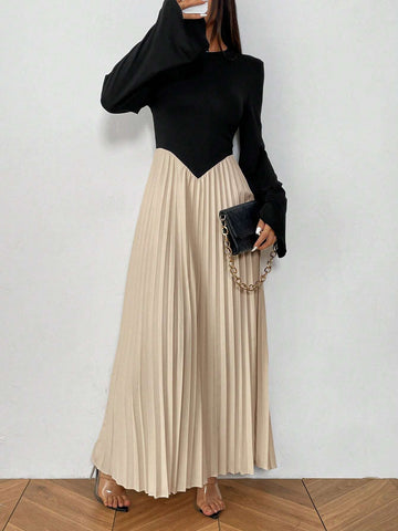 Spring/Autumn Elegant Colorblock Pleated Hem Flared Sleeve Dress