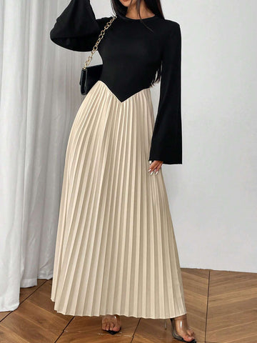 Spring/Autumn Elegant Colorblock Pleated Hem Flared Sleeve Dress