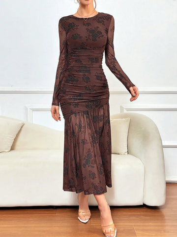 Spring Floral Print Patchwork Mesh Mermaid Hem Dress
