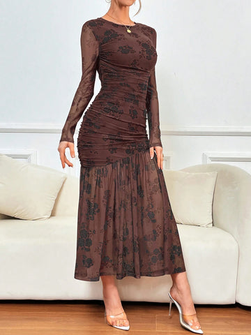 Spring Floral Print Patchwork Mesh Mermaid Hem Dress