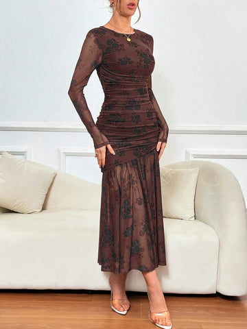 Spring Floral Print Patchwork Mesh Mermaid Hem Dress