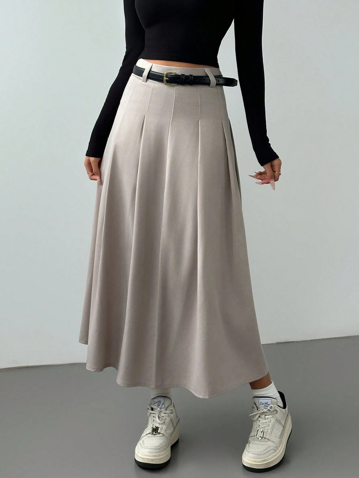 Privé Spring & Autumn New High Waist A-Line Knee-Length Pleated Skirt Maxi Women Outfit