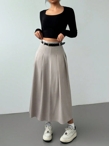 Privé Spring & Autumn New High Waist A-Line Knee-Length Pleated Skirt Maxi Women Outfit