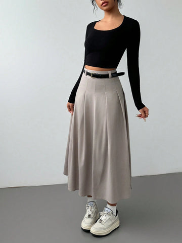 Privé Spring & Autumn New High Waist A-Line Knee-Length Pleated Skirt Maxi Women Outfit