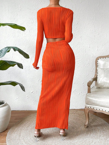 Square Neck Crop Top & Twist Front Split Thigh Skirt