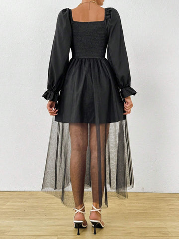 Square Neck Long Sleeve Mesh & Pleated Chiffon Patchwork Dress With Front Tie