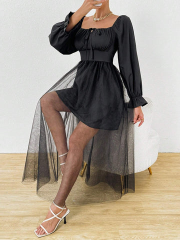 Square Neck Long Sleeve Mesh & Pleated Chiffon Patchwork Dress With Front Tie