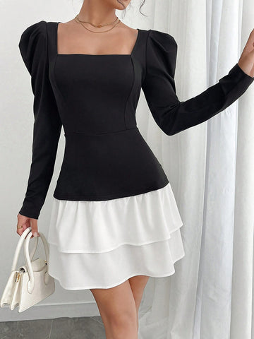 Square Neck Puff Sleeve Cinched Waist Dress, Black & White Contrast Dress, Elegant Bodycon
