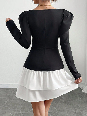 Square Neck Puff Sleeve Cinched Waist Dress, Black & White Contrast Dress, Elegant Bodycon