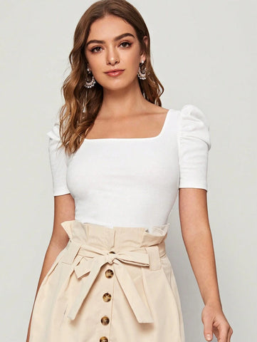 Privé Square Neck Puff Sleeve Fitted White Tee