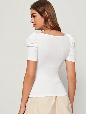Privé Square Neck Puff Sleeve Fitted White Tee