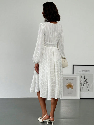 Square Neck Shirred Bodice A-Line Maxi Dress, Textured Fabric