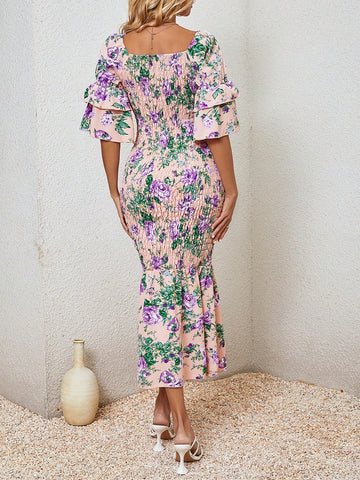 Square Neckline Double Layer Flared Sleeve Dress