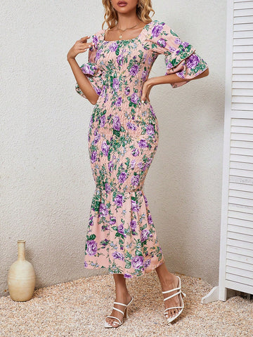 Square Neckline Double Layer Flared Sleeve Dress