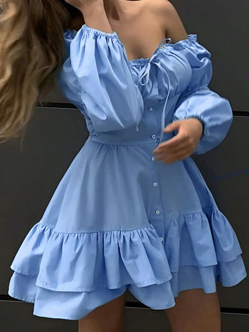 Square Neckline Puff Sleeve Ruffle Hem Mini Vacation Dress