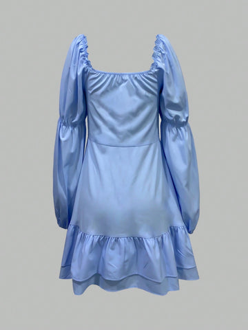 Square Neckline Puff Sleeve Ruffle Hem Mini Vacation Dress
