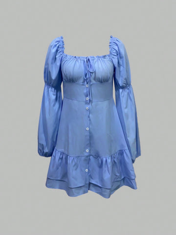 Square Neckline Puff Sleeve Ruffle Hem Mini Vacation Dress