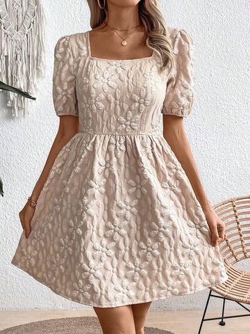 Square Neckline Textured Fabric Summer Casual Printed Dress Randomly Cut