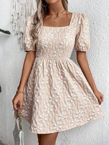 Square Neckline Textured Fabric Summer Casual Printed Dress Randomly Cut