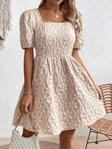 Square Neckline Textured Fabric Summer Casual Printed Dress Randomly Cut