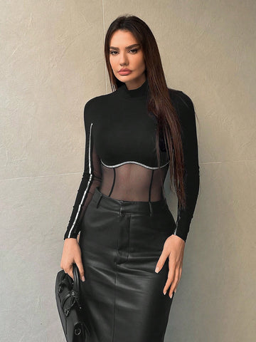 Stand Collar Mesh Splice Long Sleeve Bodysuit