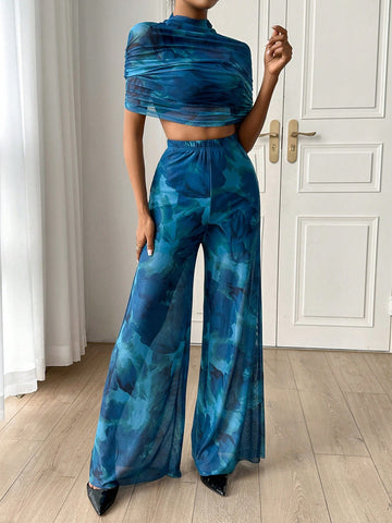 Stand Collar Pleated Mesh Top And Pants Set