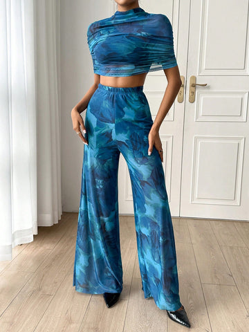Stand Collar Pleated Mesh Top And Pants Set