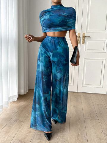 Stand Collar Pleated Mesh Top And Pants Set