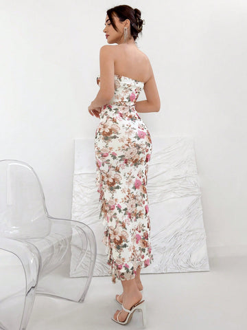 Strapless High Slit Floral Mesh Dress