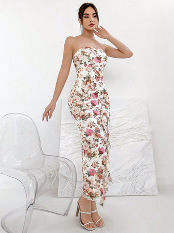 Strapless High Slit Floral Mesh Dress
