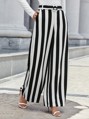 Privé Striped Print Belted Wide Leg Pants