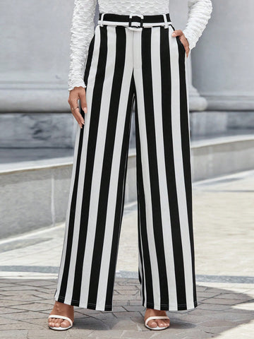 Privé Striped Print Belted Wide Leg Pants
